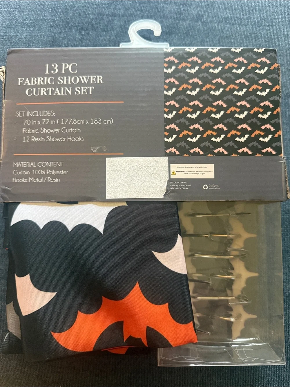 New Halloween Bat Fabric Shower Curtain Set - Black, Purple & Orange with hooks.
